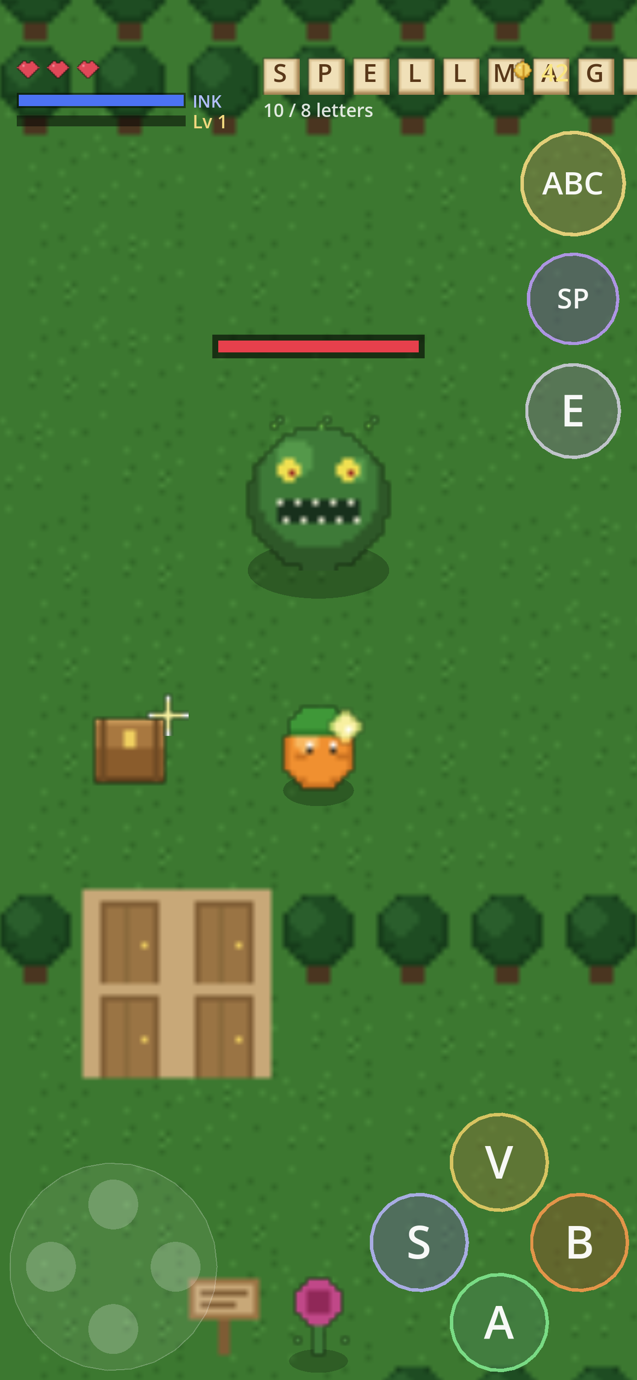 A boss fight against a green creature