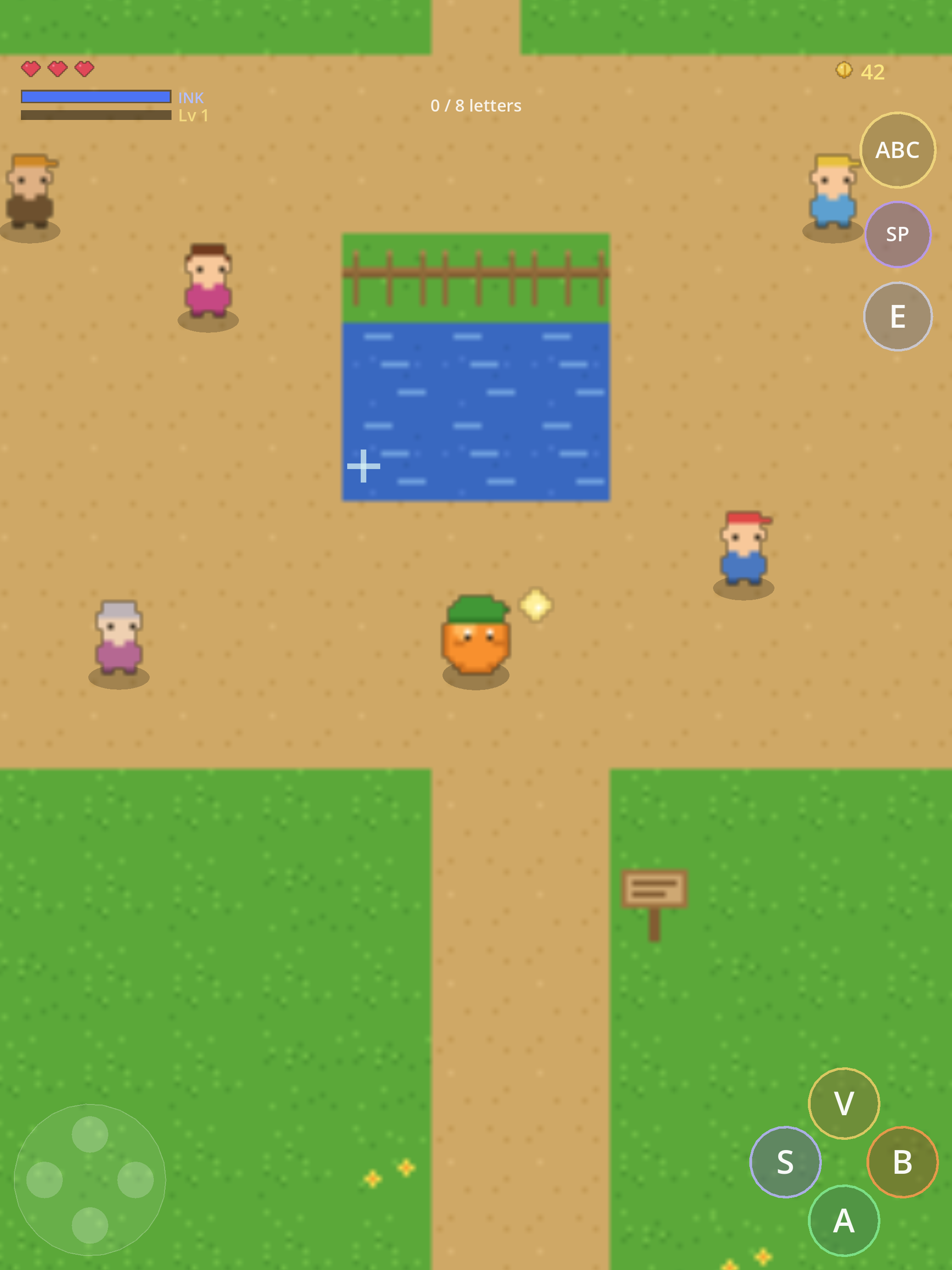 The overworld: Rolly explores a village with a pond and neighbors